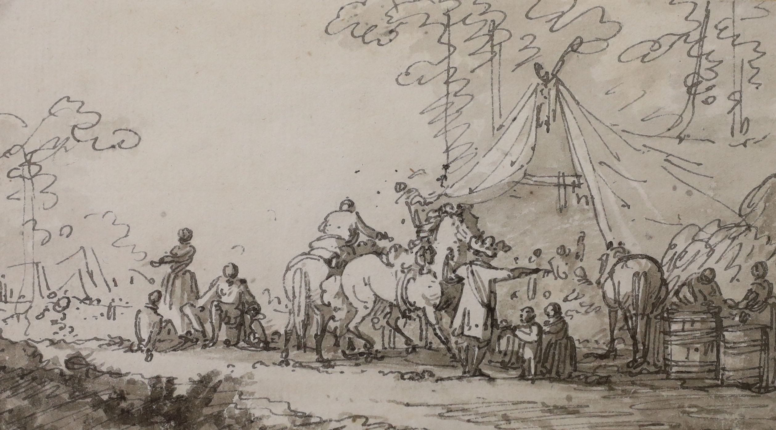 Attributed to Jacques François Joseph Swebach (1769-1823), pen and ink, An encampment, label verso, 9 x 16cm